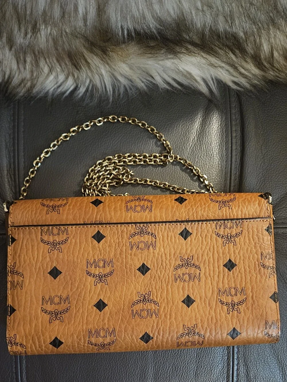 MCM Cognac Visetos Envelope Crossbody with Gold Hardware